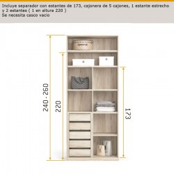 interior de armario con seperador con estantes de 173, cajonera de 5 cajones , 1 estante estrecho y 2 estantes ancho