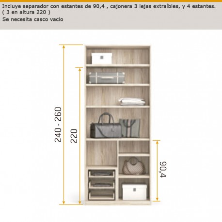 Interior de armario con estantes de 90,4 , cajonera 3 lejas extraíbles y 4 estantes