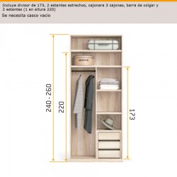 Interior de armario con separador de 173, cajonera 3 cajones , barra de colgar y 2 estantes