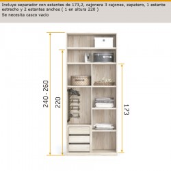 Interior de armario con separador con estantes 173, cajonera 3 cajones, zapatero,1 estante estrecho y 2 estantes anchos