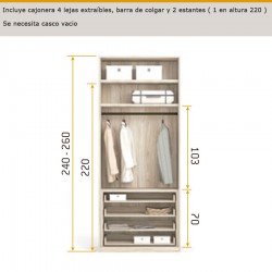Interior de armario con cajonera 4 lejas, barra de colgar y 2 estantes