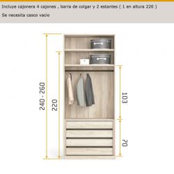 Interior de armario con 4 lejas extraíbles, barra de colgar y 2 estantes