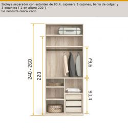 Interior de armario separador con estantes de 90,4 , cajonera 3 cajones , barra de colgar y 3 estantes