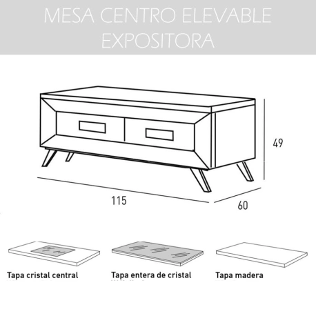 Mesa centro elevable expositora Cloe Huelva